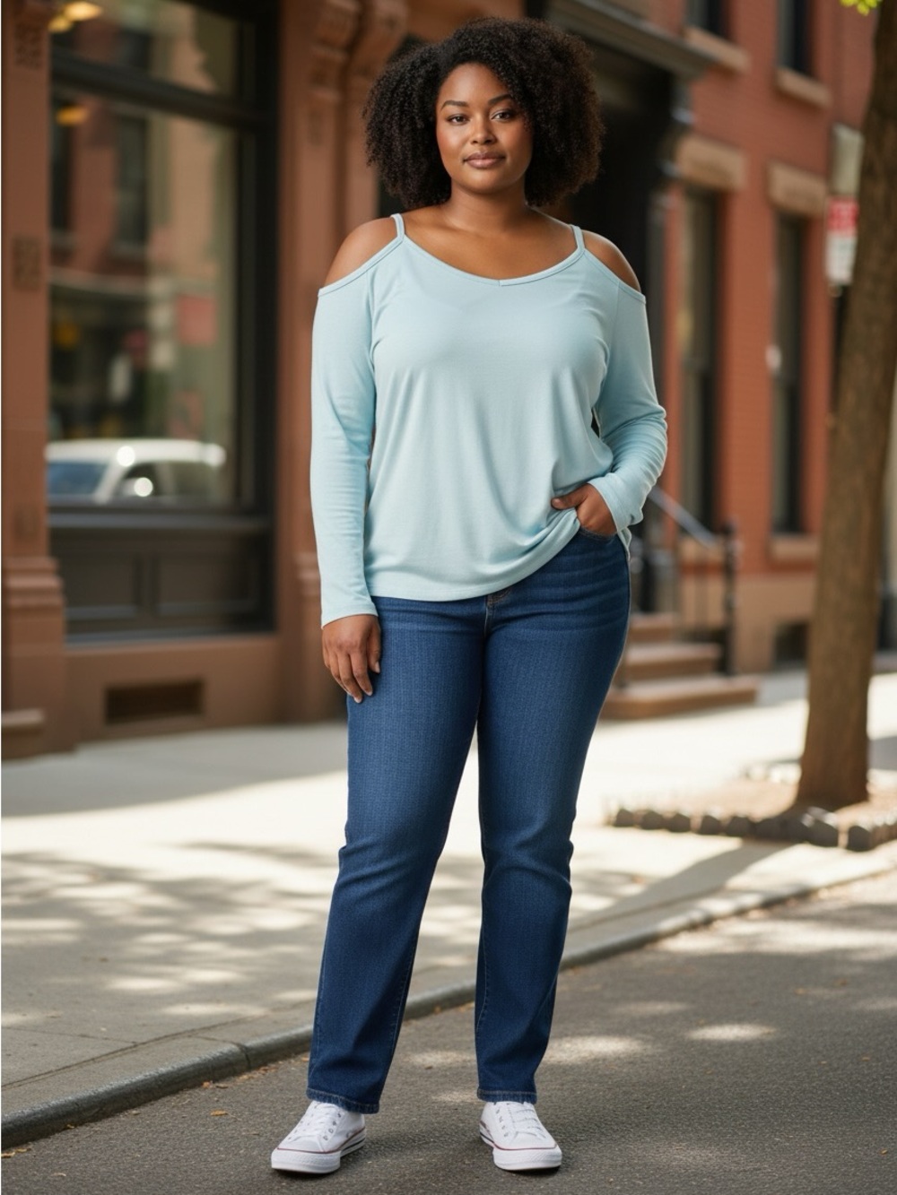 Time and Tru Light Blue Cold-Shoulder Long-Sleeve Top
